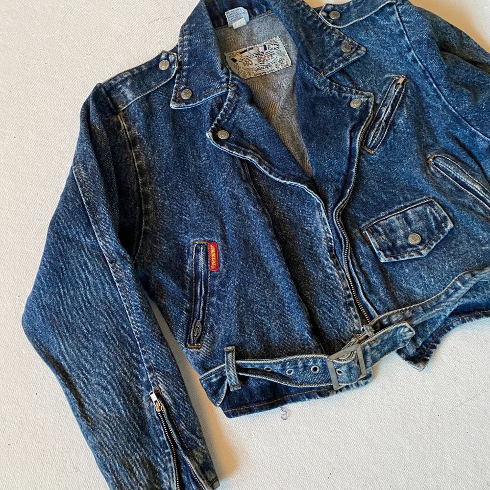 Vintage acid wash cropped denim moto jacket 90's